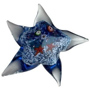 Art Glass Starfish Paperweight – Ocean Theme Blue & Clear Millefiori Design